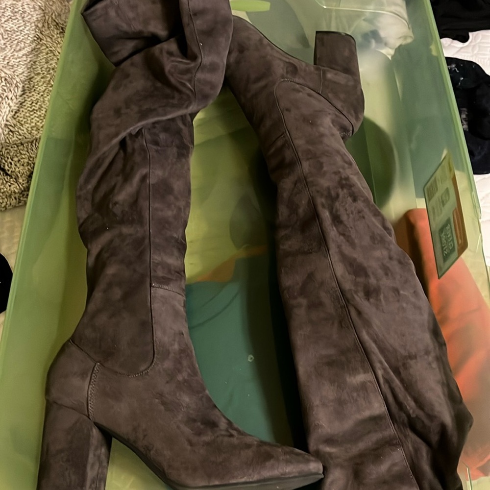 Over the knee.  Boots. Olivey Grey color